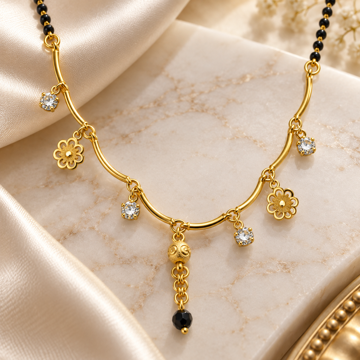 Elegant Gold-Plated Floral Charm Mangalsutra with Crystal Accents & Black Beads