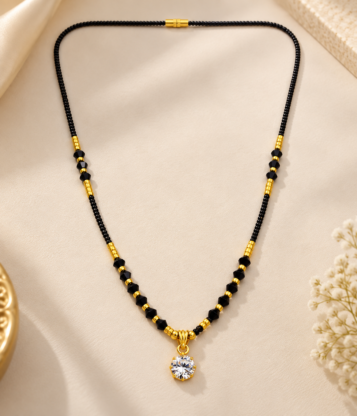 Elegant Gold-Plated Single Strand Short Mangalsutra with Solitaire Crystal Pendant