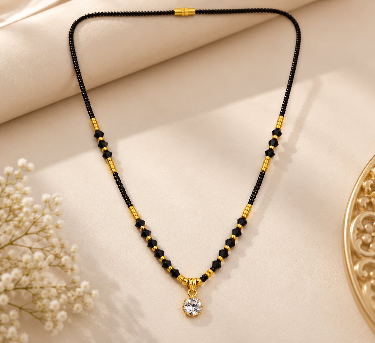 Elegant Gold-Plated Single Strand Short Mangalsutra with Solitaire Crystal Pendant