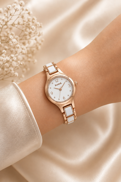 Elegant Anti-tarnish Rose Gold and White Ceramic Women's Dress Watch