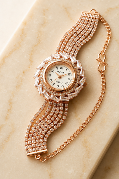 Anti-tarnish Rose Gold Crystal-Embellished Luxury Bracelet Watch