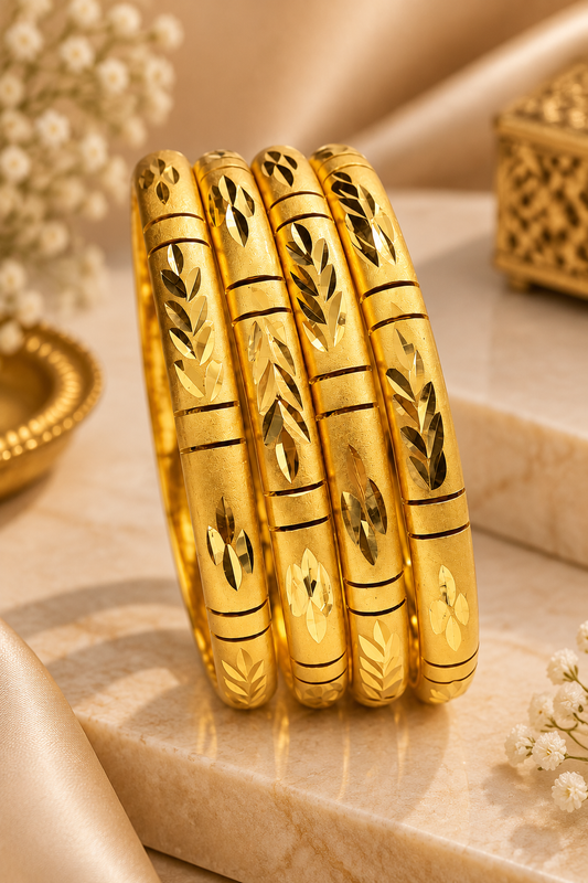 1% Gold-Plated Anti-Tarnish Traditional Leaf-Engraved Bangle Set