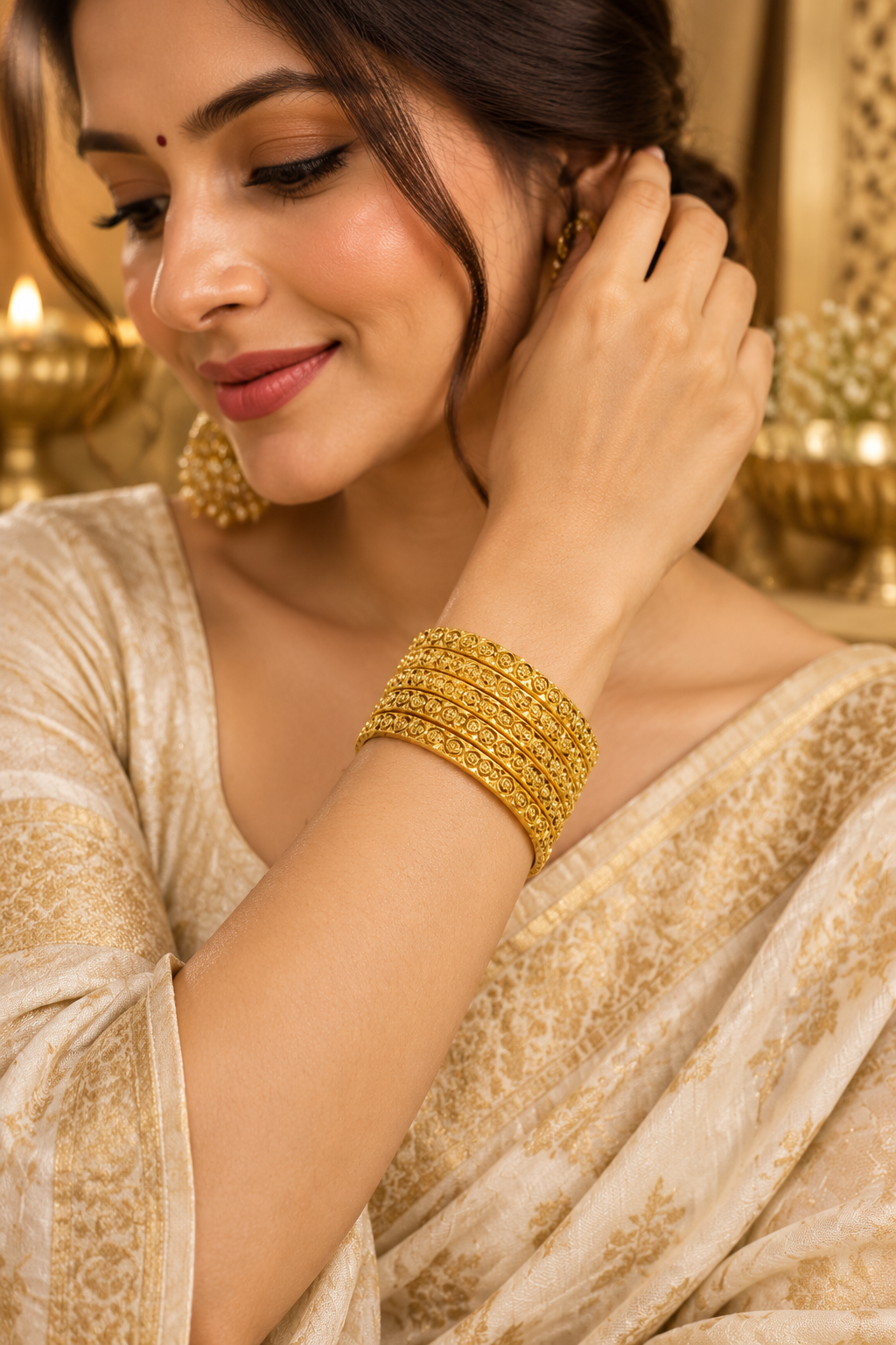 Elegant 1% Gold-Plated Circular Pattern Bangle Set with Anti-Tarnish Finish