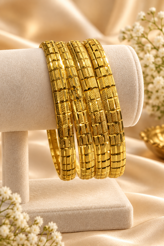 Premium 1% Gold-Plated Anti-Tarnish Traditional Grid-Pattern Bangle Set
