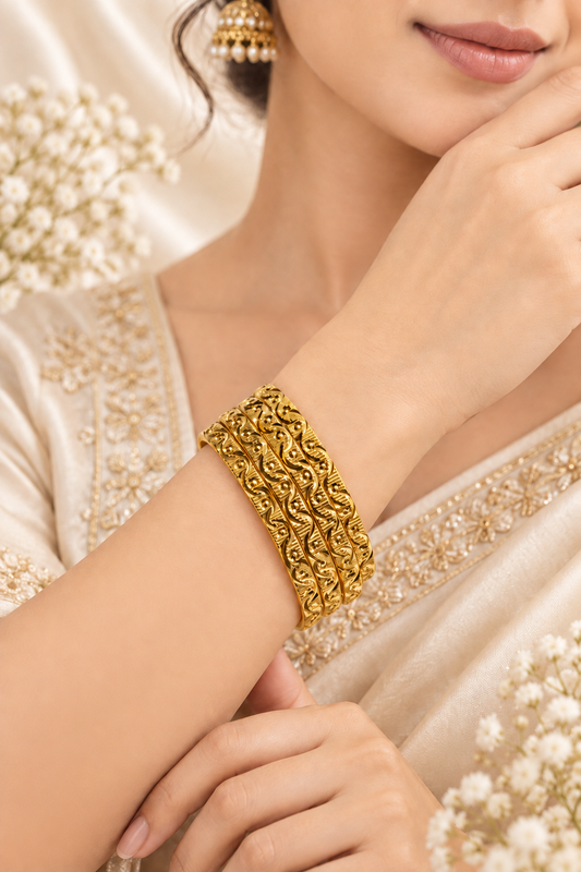 1% Gold-Plated Anti-Tarnish Traditional Wave Textured Bangle Set