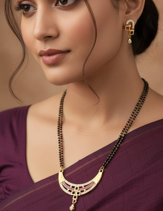 Designer Curved And Diamond & Ruby Stone Gold-Plated 24 Inches Mangalsutra Set with Earrings