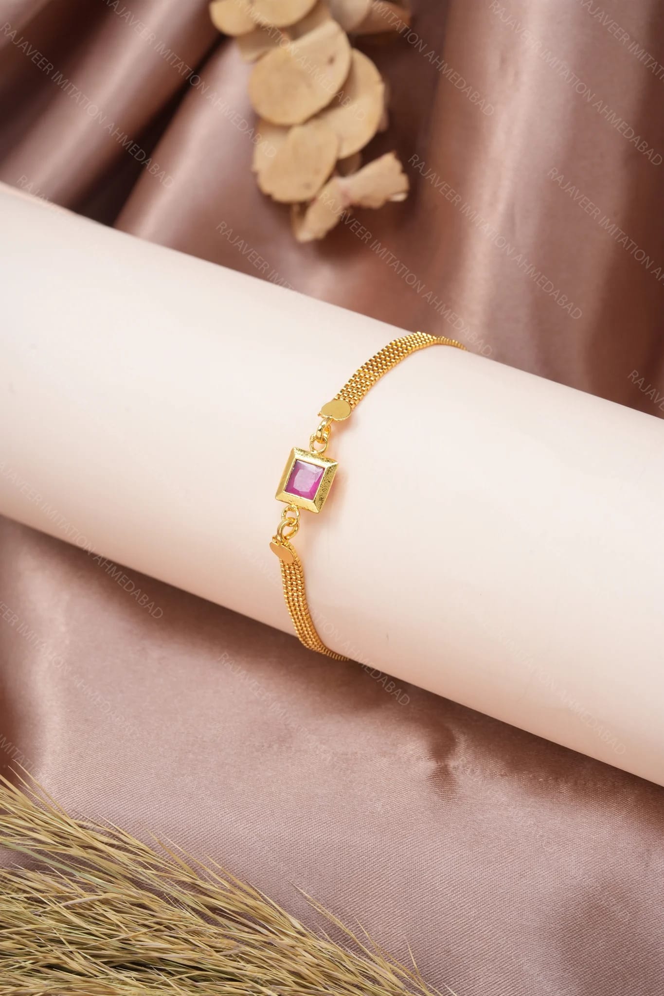 Designer High Gold Plated Ruby Stone Mesh Chain Bracelet