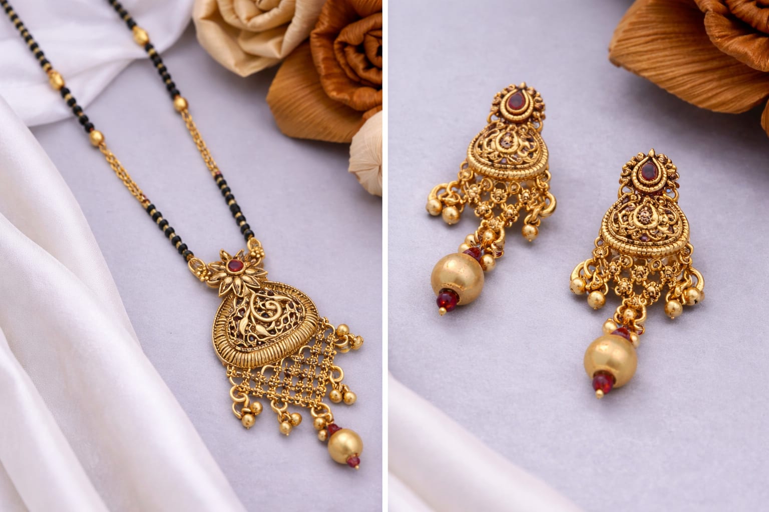 High Gold Plated Ruby Stone Studded Fancy Mangalsutra with Earring