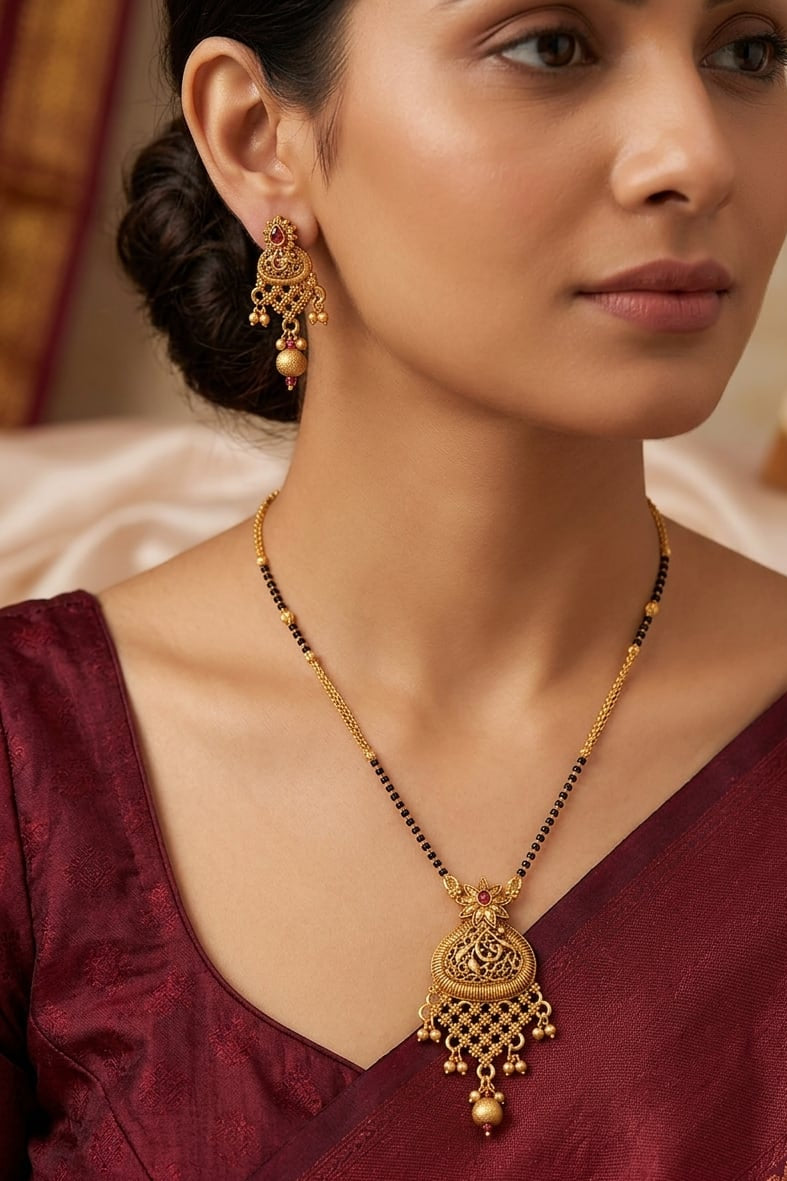 High Gold Plated Ruby Stone Studded Fancy Mangalsutra with Earring