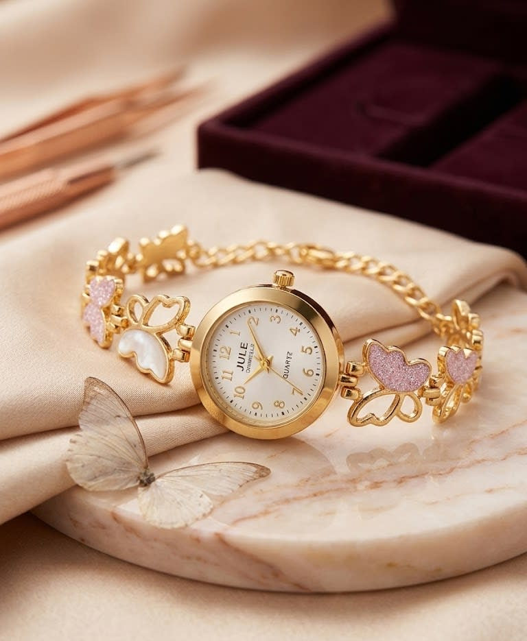 Elegant Butterfly Charm Gold Plated Adjustable Ladies Bracelet Watch