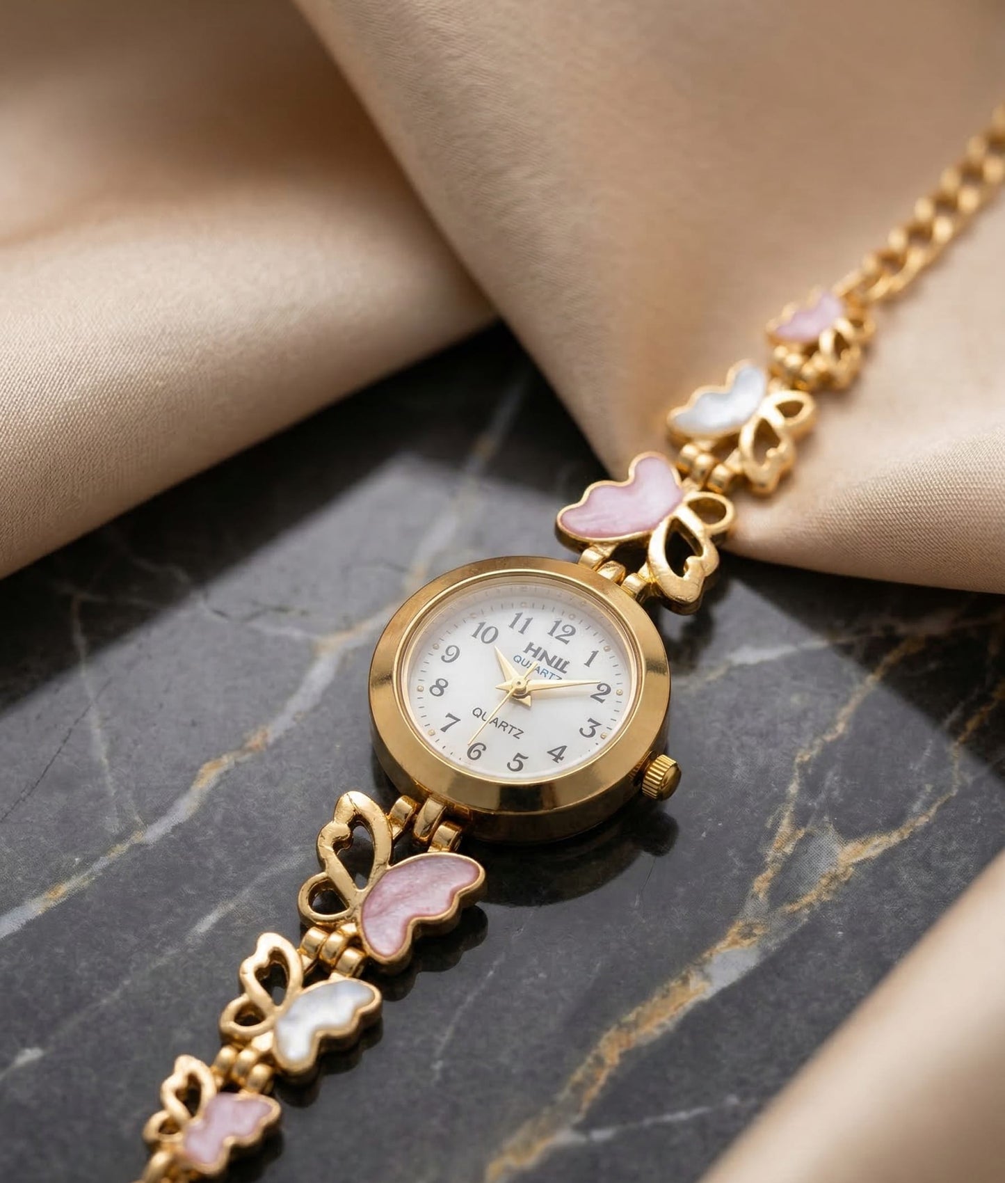Elegant Butterfly Charm Gold Plated Adjustable Ladies Bracelet Watch