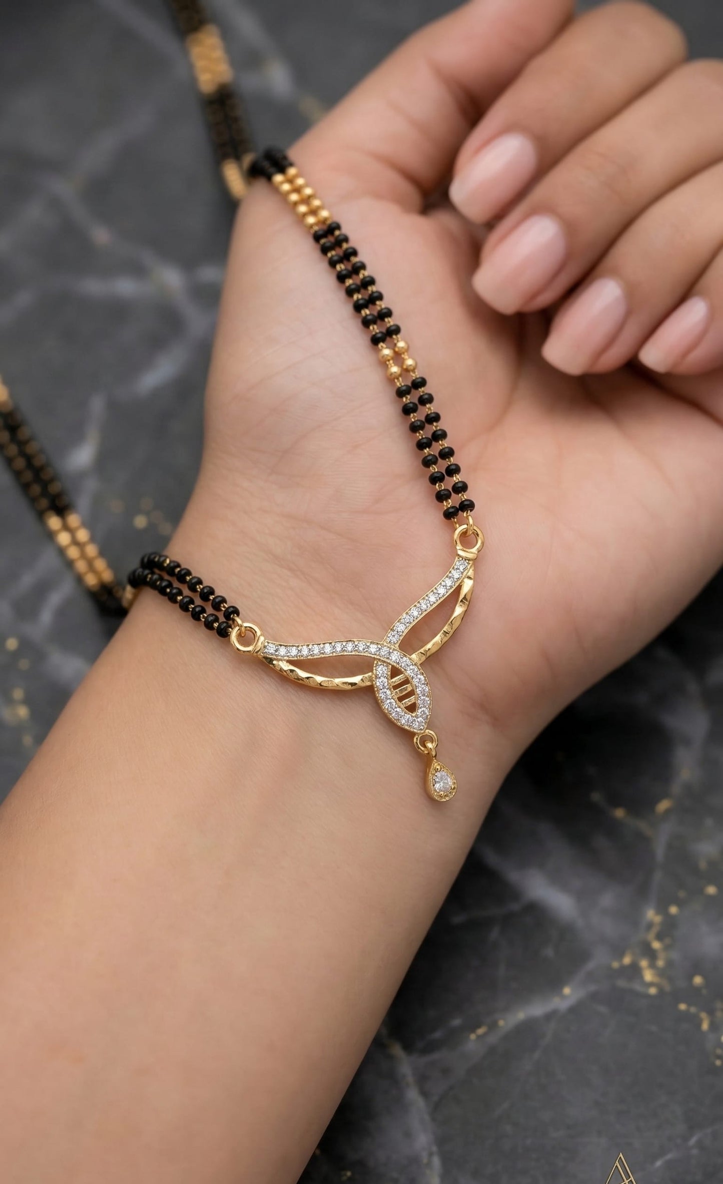 Elegant Diamond Curve Mangalsutra with Dual Black Bead Chain & Drop Charm