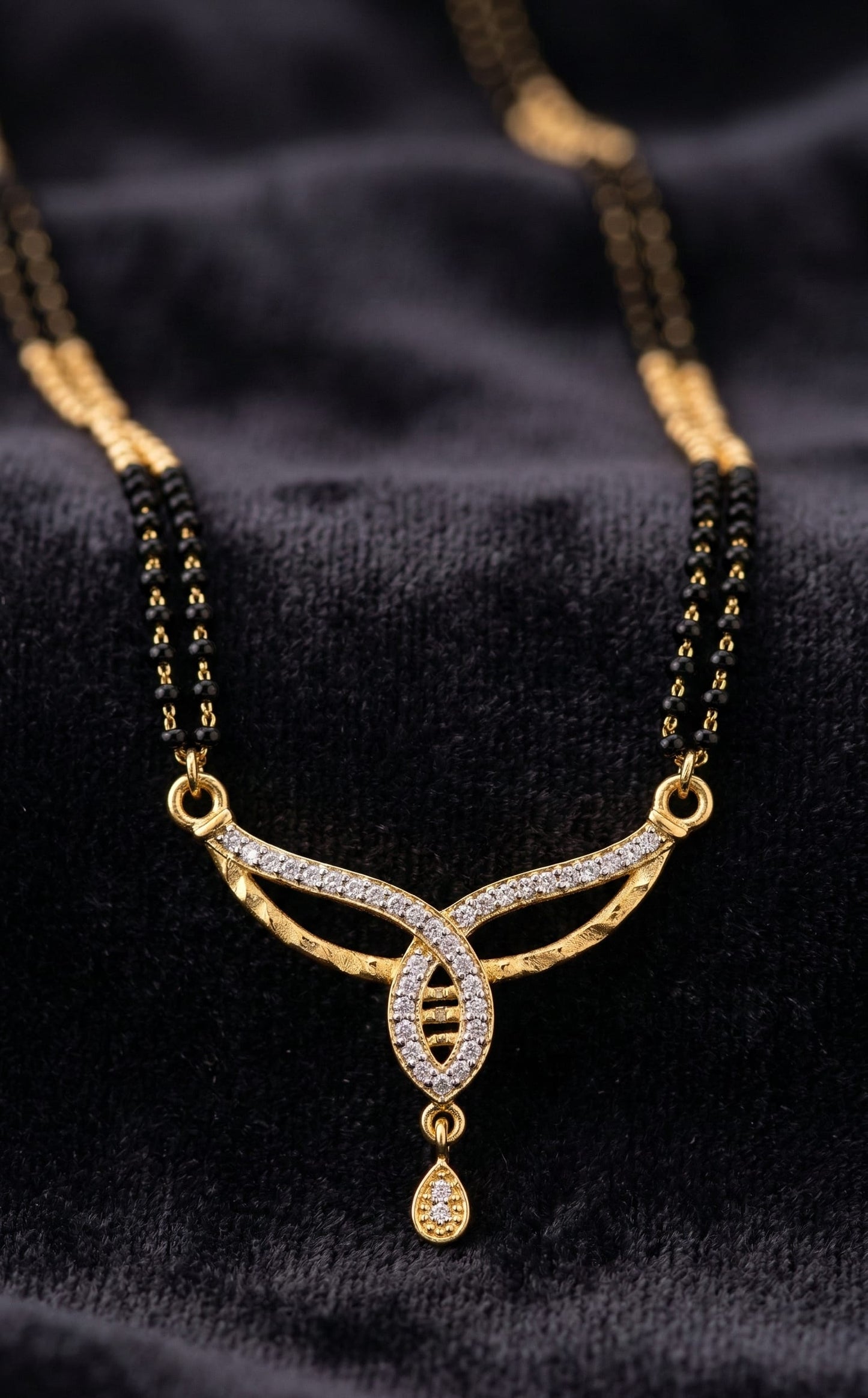 Elegant Diamond Curve Mangalsutra with Dual Black Bead Chain & Drop Charm