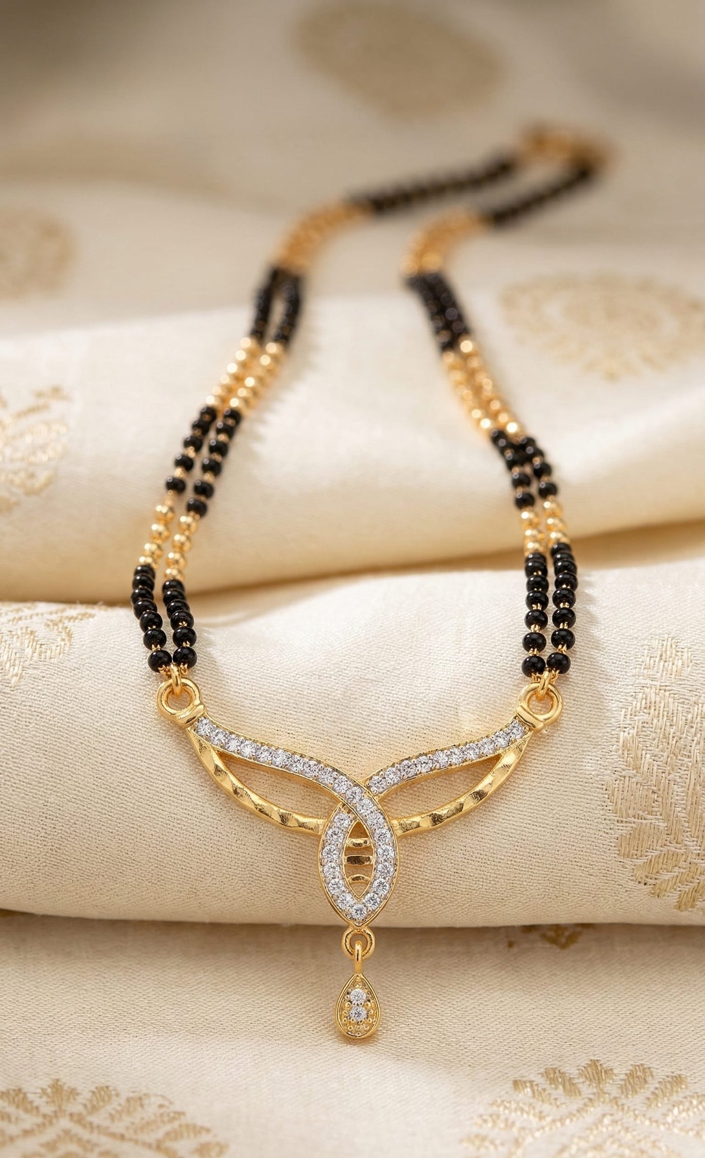 Elegant Diamond Curve Mangalsutra with Dual Black Bead Chain & Drop Charm