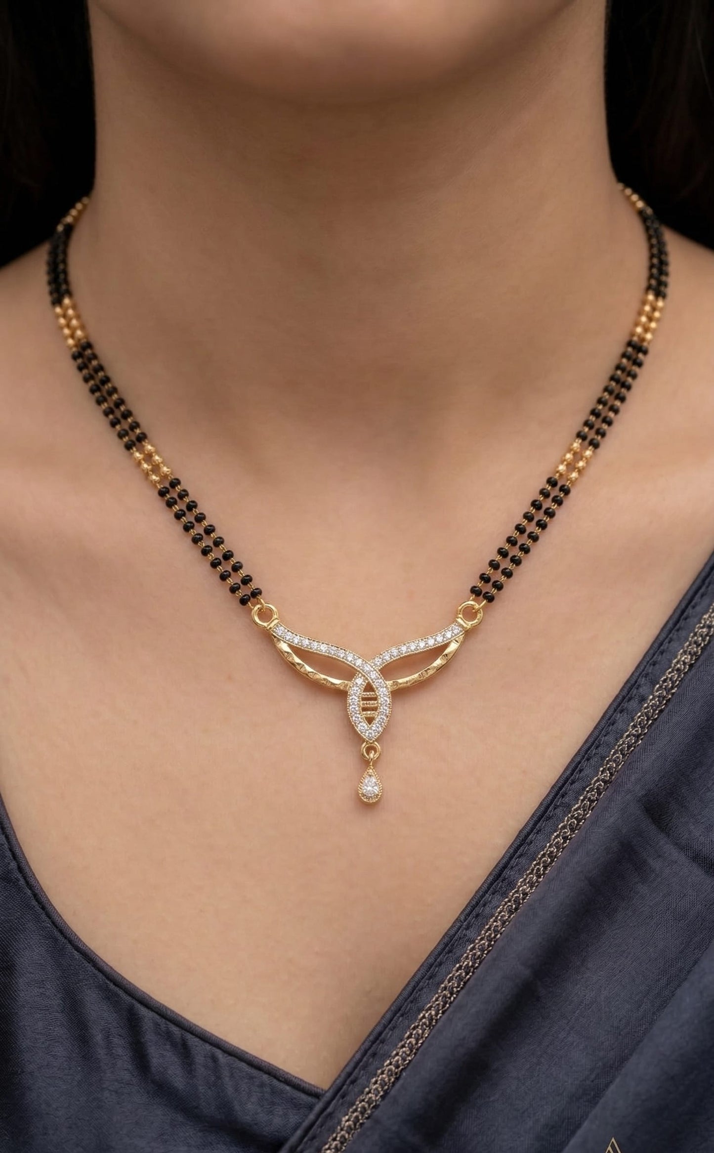Elegant Diamond Curve Mangalsutra with Dual Black Bead Chain & Drop Charm