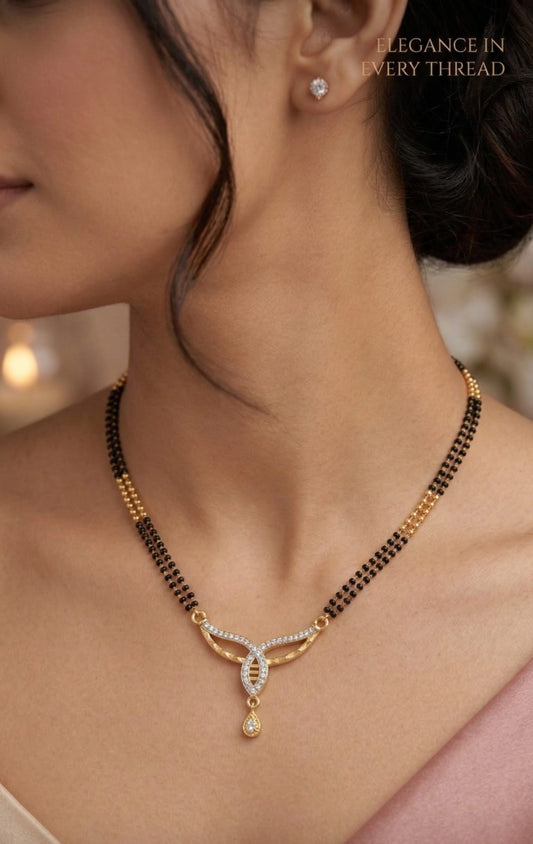 Elegant Diamond Curve Mangalsutra with Dual Black Bead Chain & Drop Charm