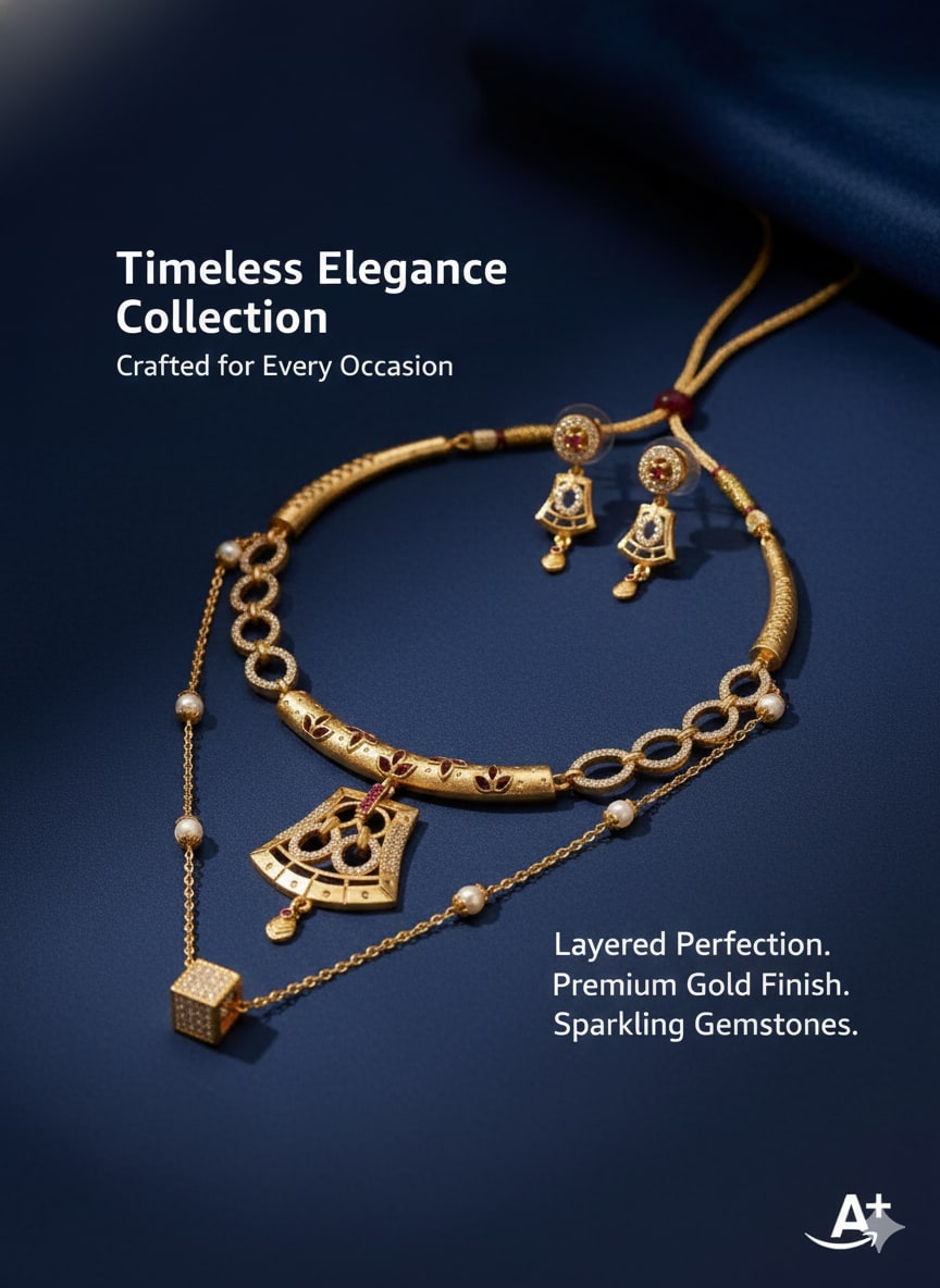 Elegant Dual-Layer And Diamond Chain with Gold-Plated Necklace Set with Designer Earrings