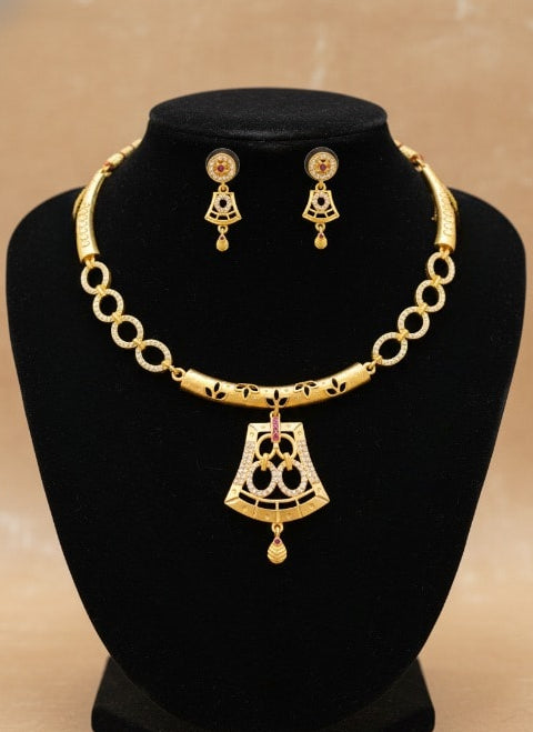 Elegant Dual-Layer And Diamond Chain with Gold-Plated Necklace Set with Designer Earrings
