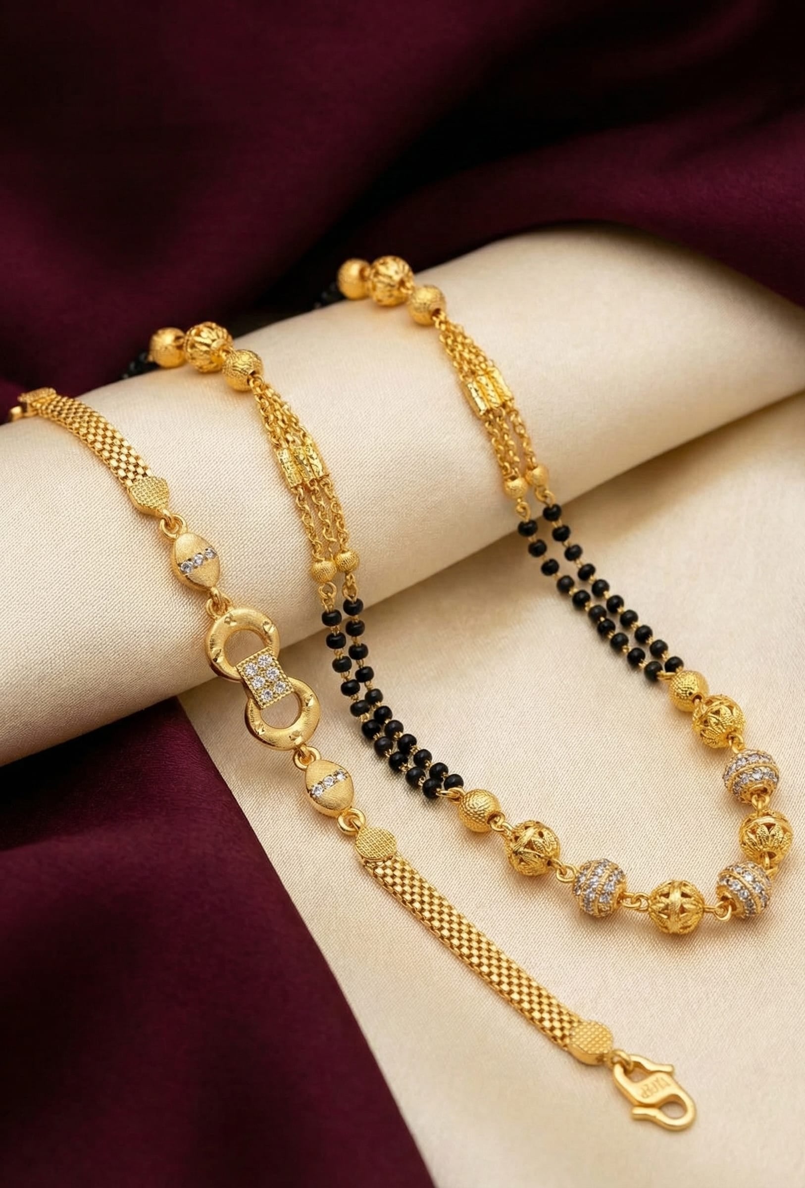 Elegant Dual Line Black Beaded Gold-Plated Mangalsutra with Designer Gold  Plated Bracelet
