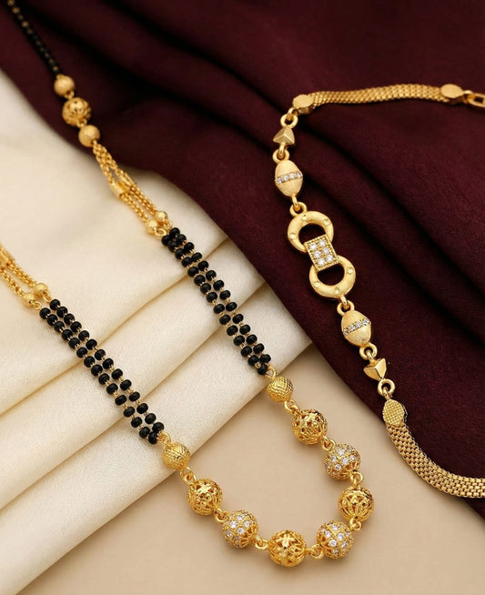 Elegant Dual Line Black Beaded Gold-Plated Mangalsutra with Designer Gold  Plated Bracelet