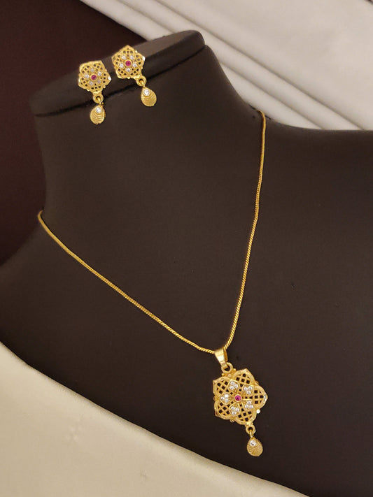 High Gold Plated And Diamond Studded Fancy Forming Pendant Set with Earrings