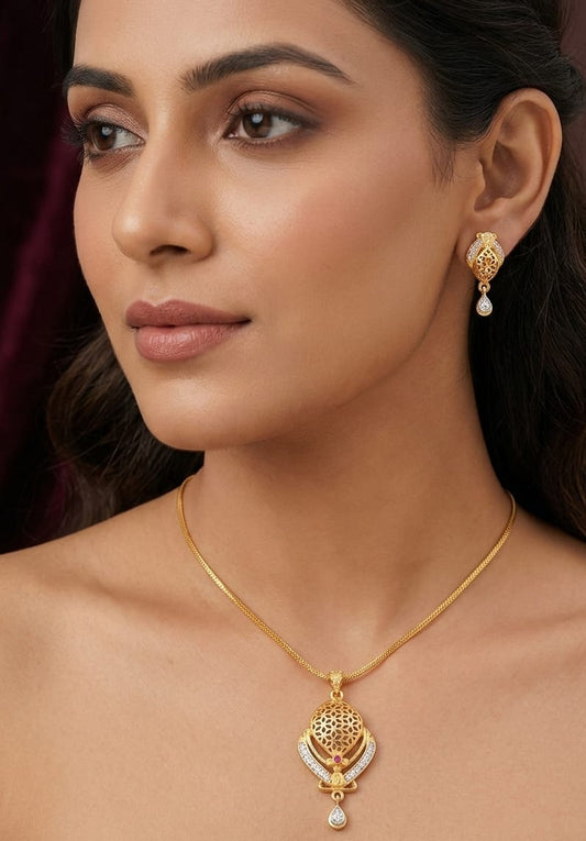 Elegant Gold-Plated Filigree Pendant Necklace Set with AD Stone Drops with 18 inches chain