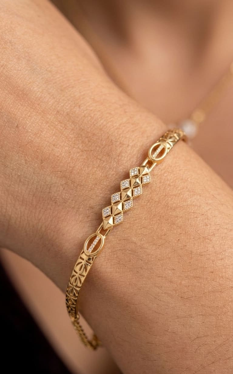 Elegant Gold-Plated Floral Link Bracelet with AD Stone triangle shape adjustable bracelet
