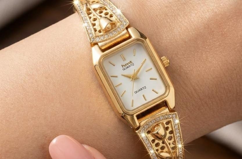 Elegant Gold-Tone Crystal Studded Designer Adjustable Watch Bracelet