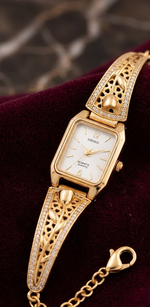 Elegant Gold-Tone Crystal Studded Designer Adjustable Watch Bracelet