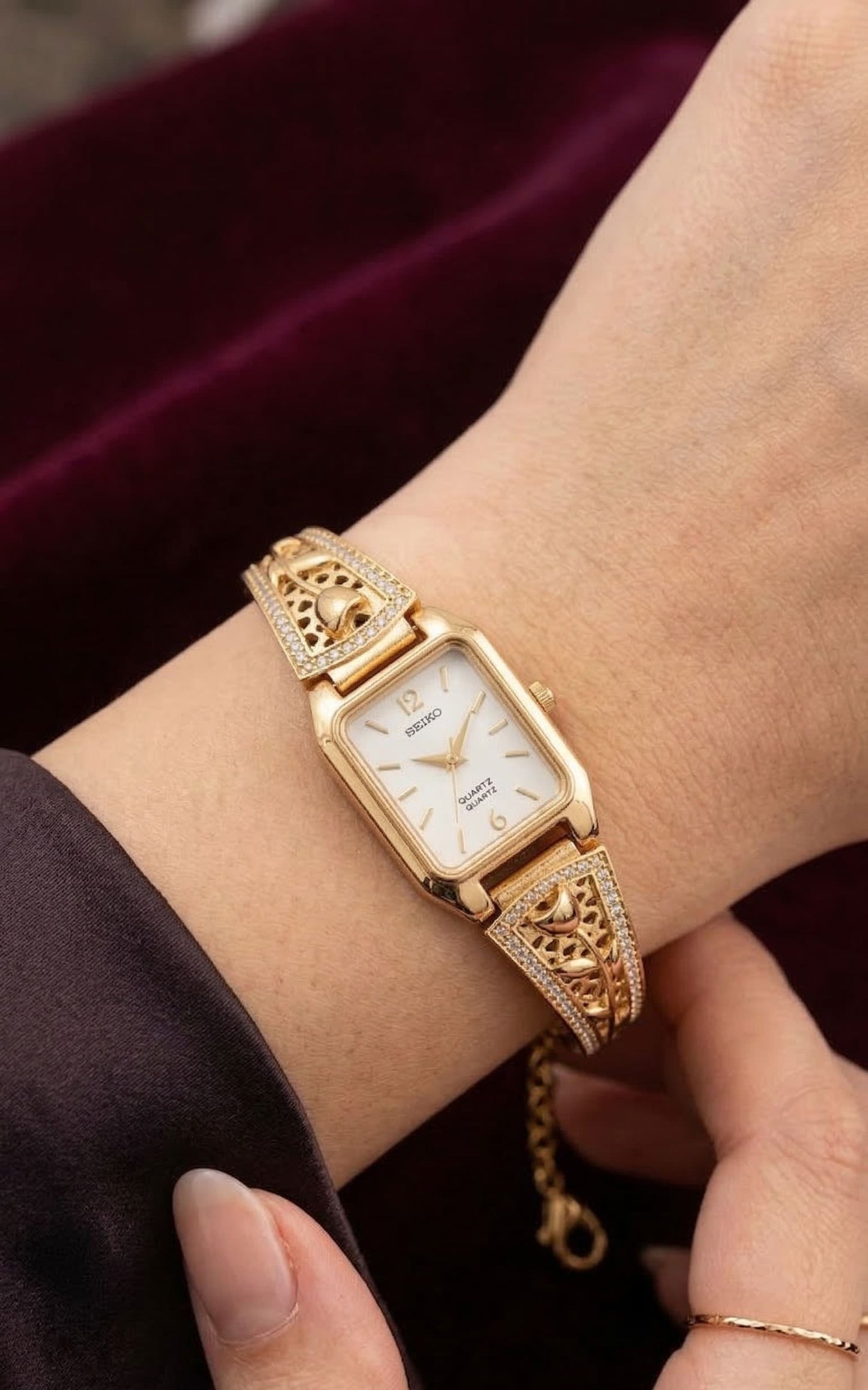 Elegant Gold-Tone Crystal Studded Designer Adjustable Watch Bracelet