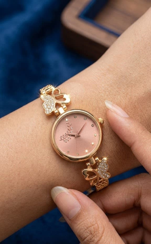 Elegant Gold plated ad diamod  pink dial Butterfly Charm Watch
