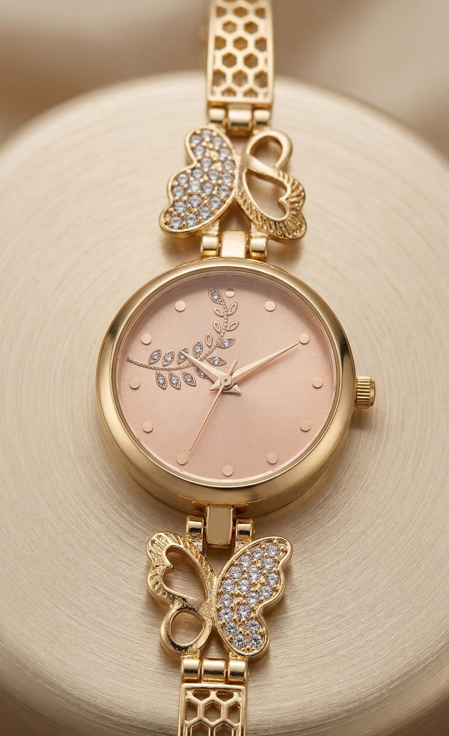 Elegant Gold plated ad diamod  pink dial Butterfly Charm Watch