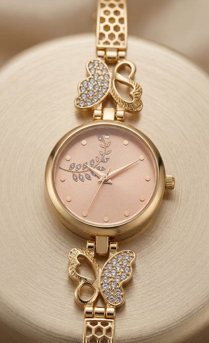 Elegant Gold plated ad diamod  pink dial Butterfly Charm Watch