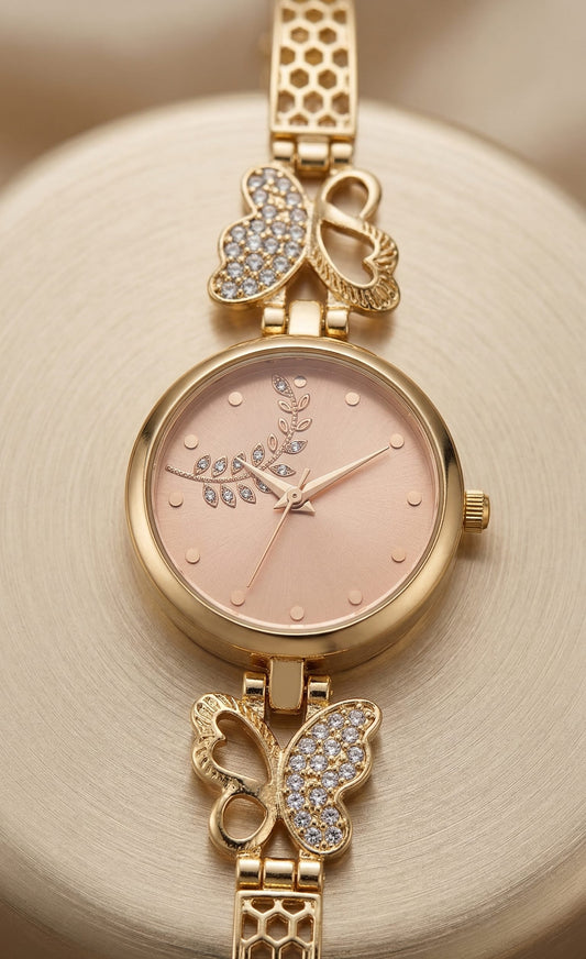 Elegant Gold plated ad diamod  pink dial Butterfly Charm Watch
