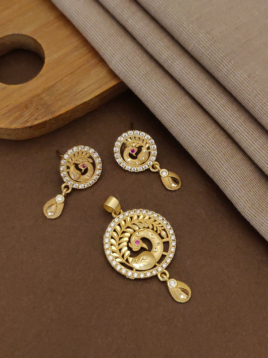 Gold Plated And Diamond Studded Peacock Design Pendant Set with Earrings For Women