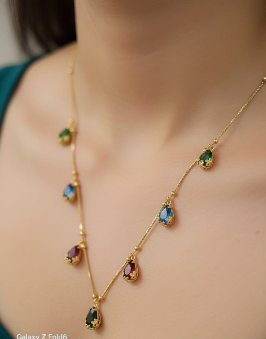 Elegant Multicolor Teardrop Stone Gold-Plated Chain