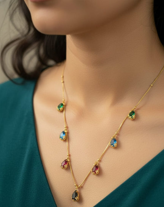 Elegant Multicolor Teardrop Stone Gold-Plated Chain
