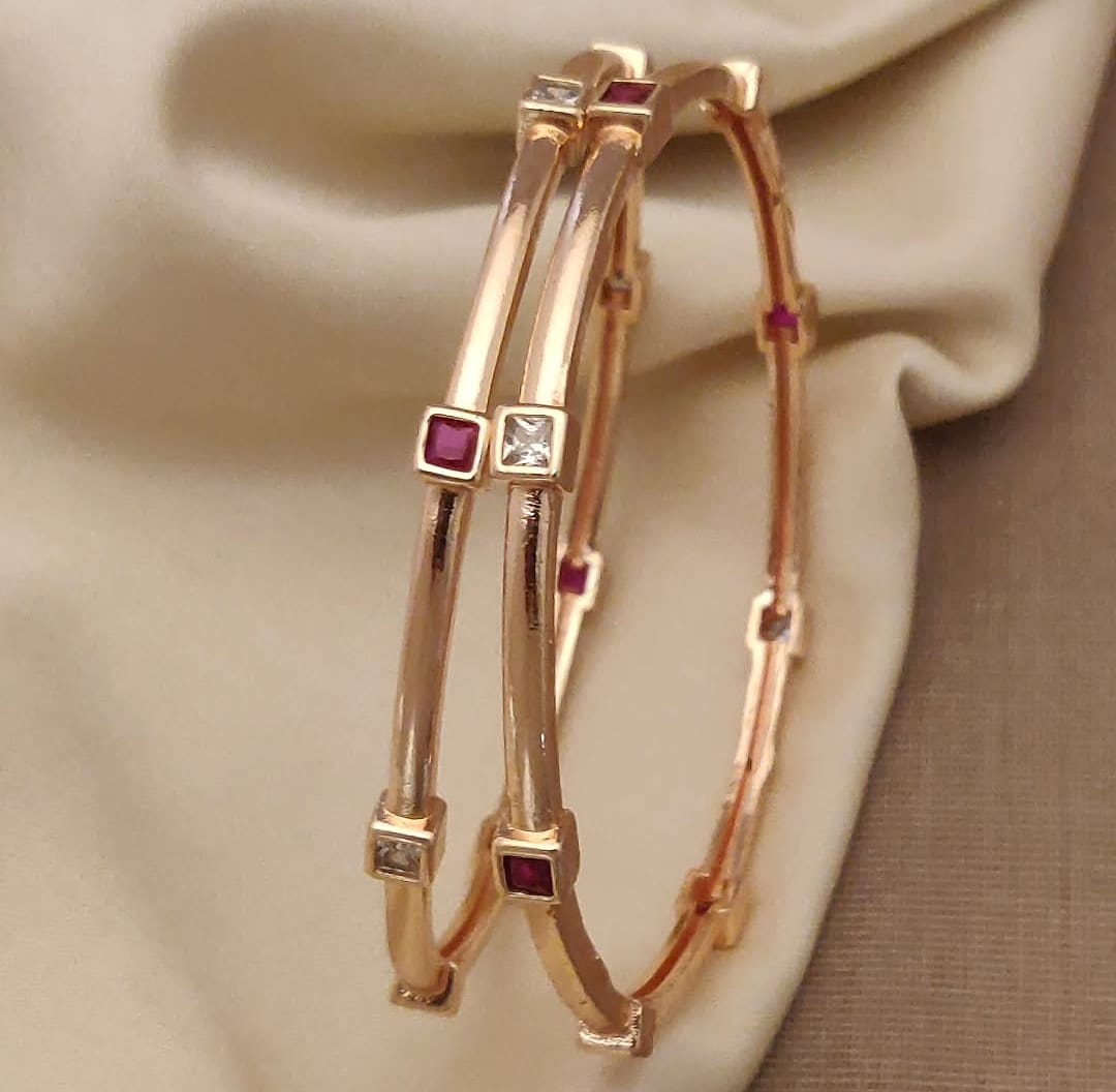 Rose Gold Plated Ruby & And Diamond Square Studded Bangles – Set Of 2