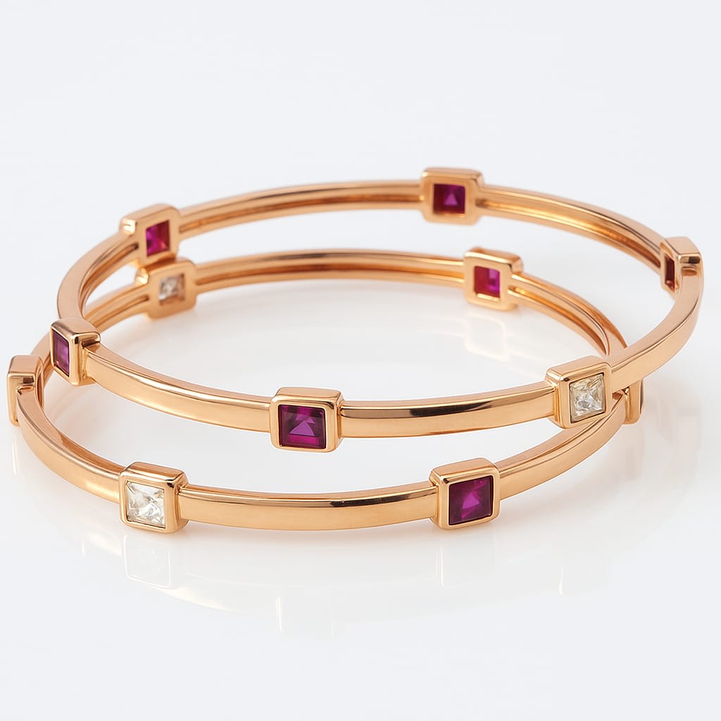 Rose Gold Plated Ruby & And Diamond Square Studded Bangles – Set Of 2