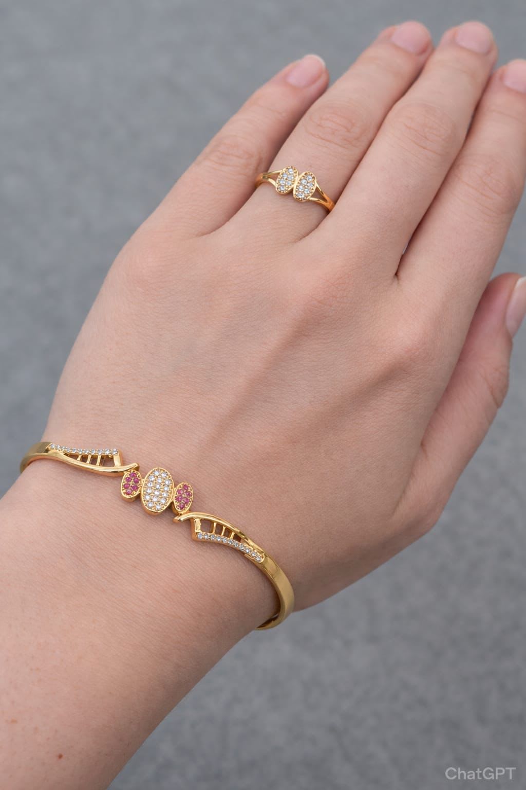 Elegant Ruby Spark Gold Plated Bracelet & Dual Heart Ring Combo