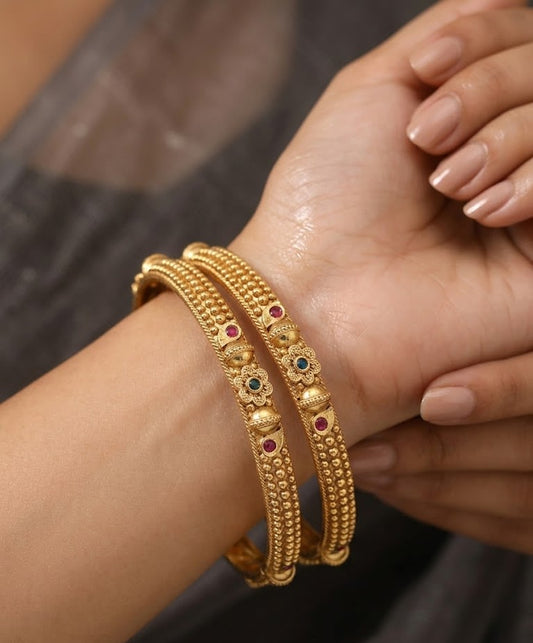 Elegant Traditional Daily Wear Gold floral Bangles with Gemstone Detailing