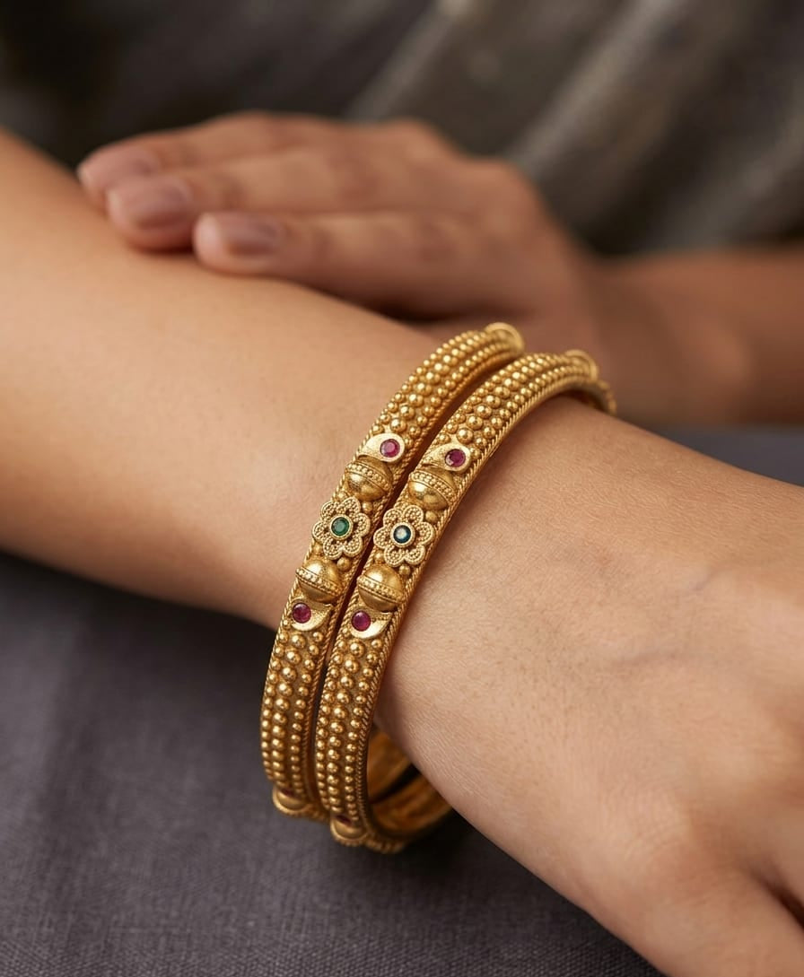 Elegant Traditional Daily Wear Gold floral Bangles with Gemstone Detailing