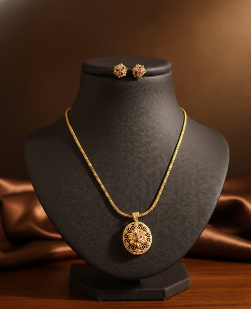High Gold Plated Antique Circular Pendant Necklace Set with Earrings