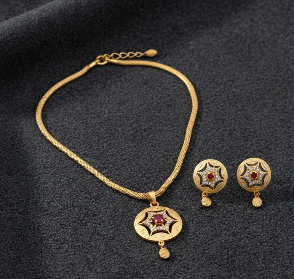 Micro Gold Plated And Diamond Studded Fancy Star Pendant Set with Chain