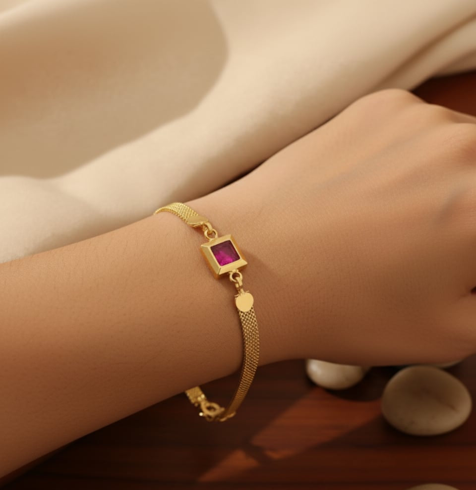 Designer High Gold Plated Ruby Stone Mesh Chain Bracelet
