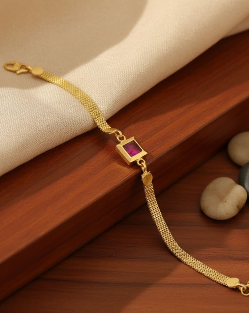 Designer High Gold Plated Ruby Stone Mesh Chain Bracelet