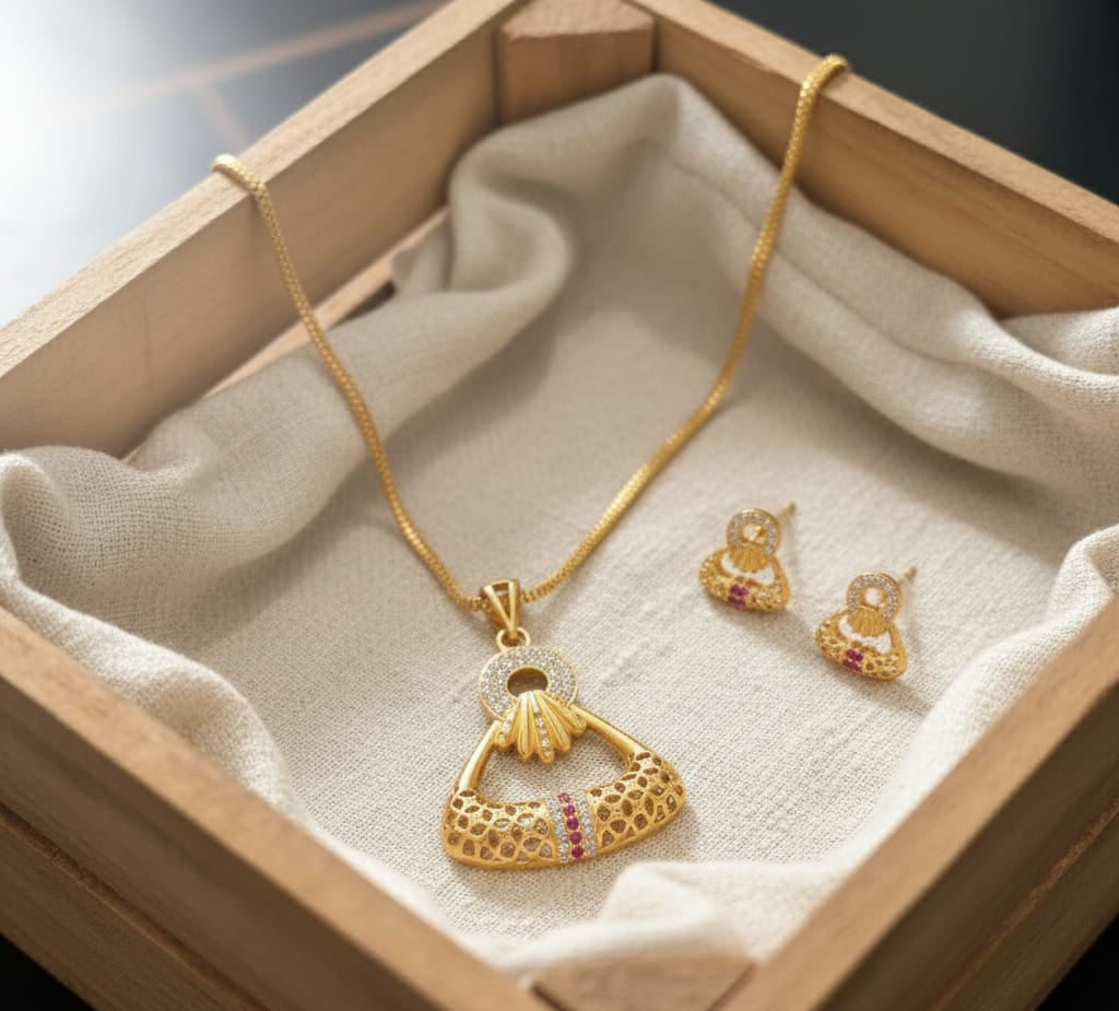 Golden Aura Ruby Charm Pendant Set – Elegant Daily Wear Necklace & Earrings