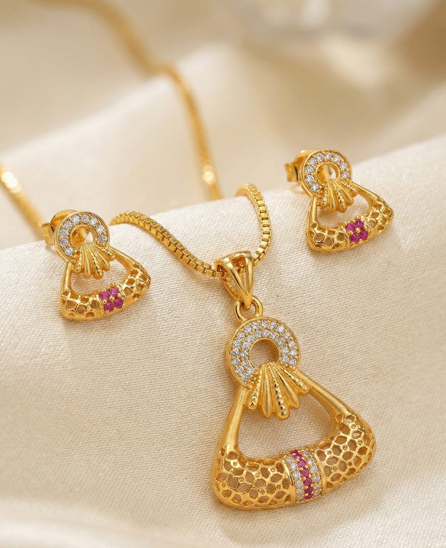 Golden Aura Ruby Charm Pendant Set – Elegant Daily Wear Necklace & Earrings