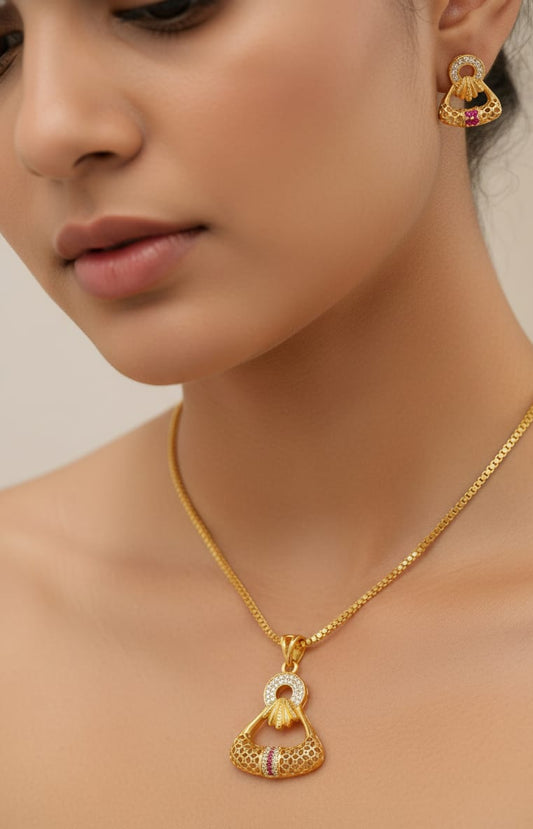 Golden Aura Ruby Charm Pendant Set – Elegant Daily Wear Necklace & Earrings