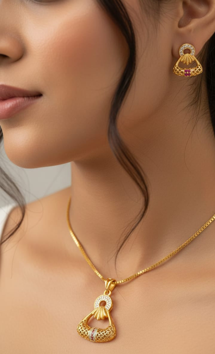 Golden Aura Ruby Charm Pendant Set – Elegant Daily Wear Necklace & Earrings